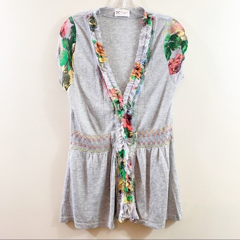Yaprak Floral Trim/Sleeve Gray Short Sleeve Cardigan